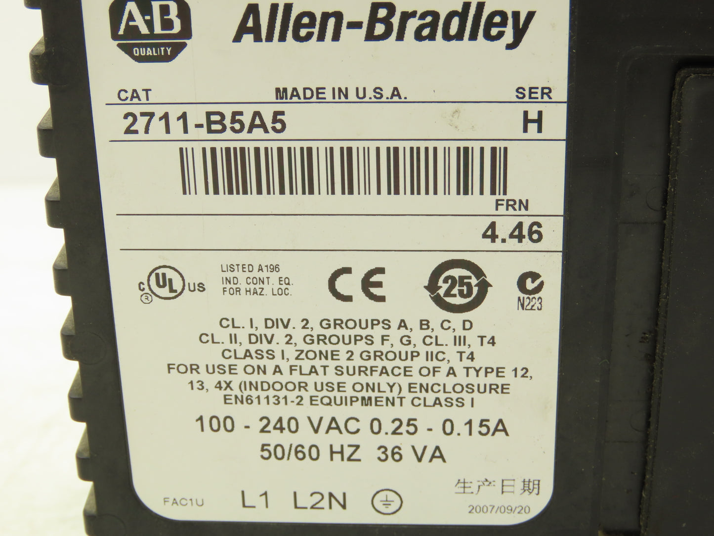 Allen Bradley 2711-B5A5 PanelView 550 HMI Control Panel Ser H FRN 4.46 100-240V