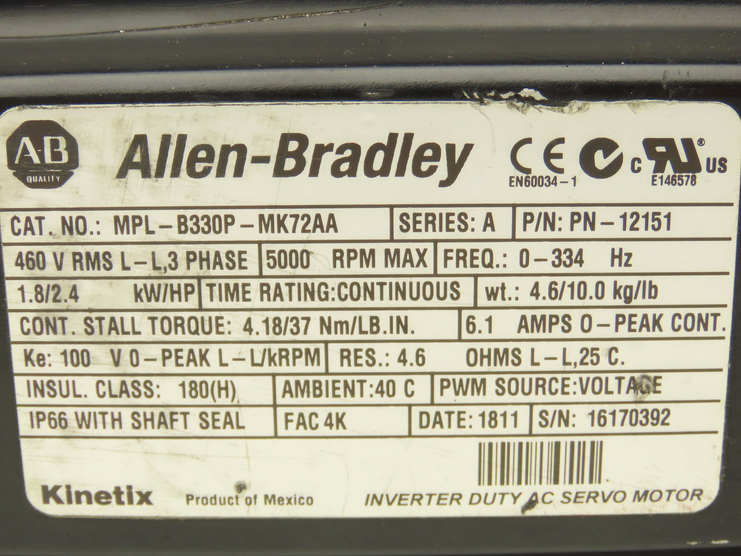 Allen Bradley MPL-B330P-MK72AA AC Servo Motor 5000 RPM 460V 3PH READ