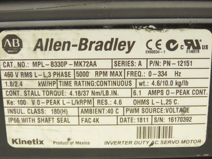 Allen Bradley MPL-B330P-MK72AA AC Servo Motor 5000 RPM 460V 3PH READ