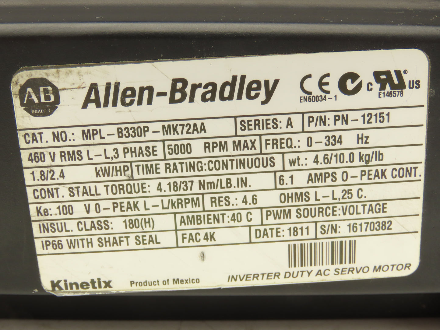 Allen Bradley MPL-B330P-MK72AA AC Servo Motor 5000 RPM 460V 3PH READ