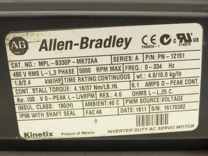 Allen Bradley MPL-B330P-MK72AA AC Servo Motor 5000 RPM 460V 3PH READ