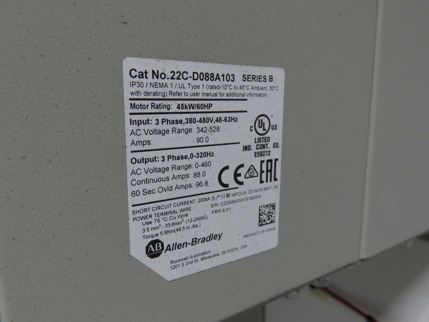 Allen Bradley 22C-D088A103 Powerflex 400 AC Drive VFD 60Hp 460V 3Ph Enclosure