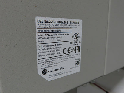 Allen Bradley 22C-D088A103 Powerflex 400 AC Drive VFD 60Hp 460V 3Ph Enclosure