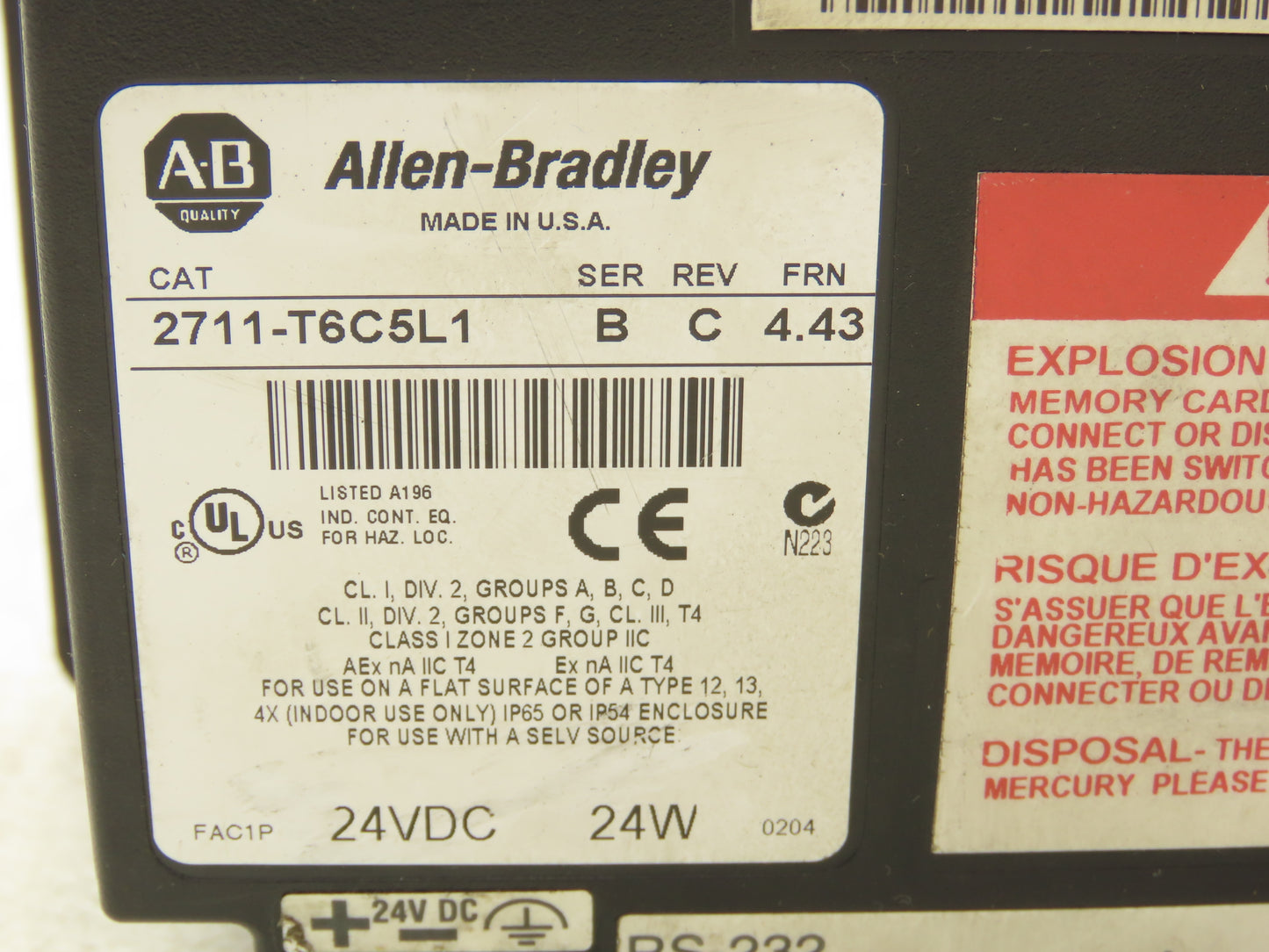 Allen Bradley 2711-T6C5L1 PanelView 600 Touchscreen 24VDC - NEEDS REPAIR