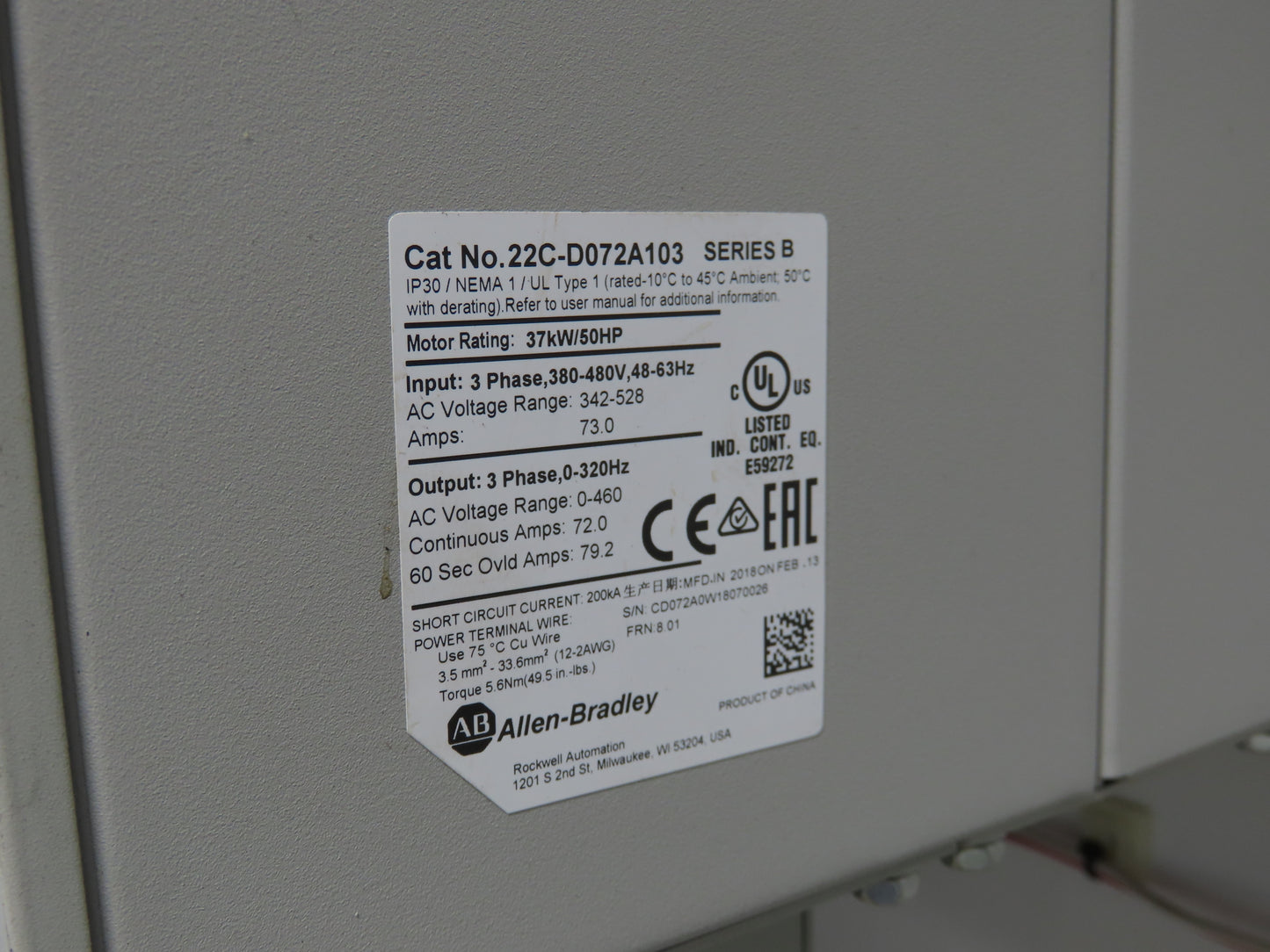 Allen Bradley 22C-D072A103 Powerflex 400 AC Drive VFD 50Hp 460V 3Ph Enclosure