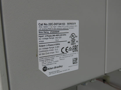 Allen Bradley 22C-D072A103 Powerflex 400 AC Drive VFD 50Hp 460V 3Ph Enclosure