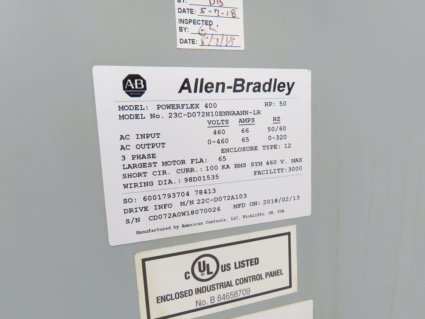 Allen Bradley 22C-D072A103 Powerflex 400 AC Drive VFD 50Hp 460V 3Ph Enclosure