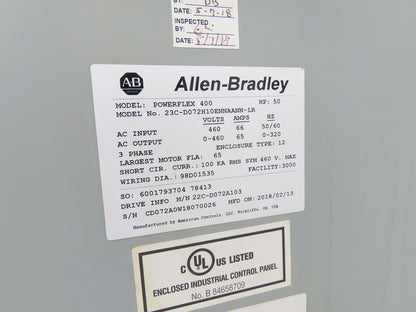 Allen Bradley 22C-D072A103 Powerflex 400 AC Drive VFD 50Hp 460V 3Ph Enclosure
