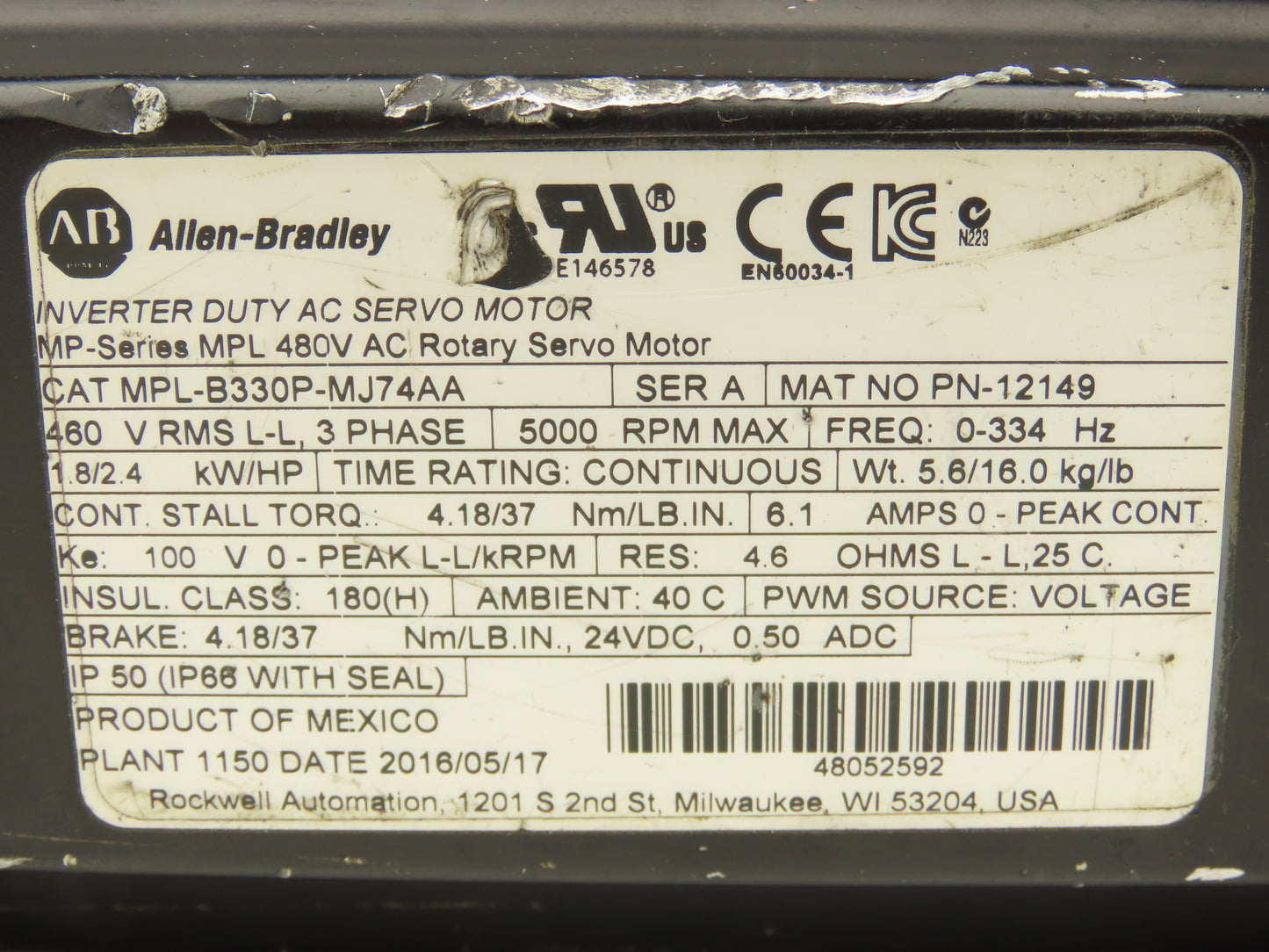 Allen Bradley MPL-B330P-MJ74AA AC Servo Motor 5000 RPM 460V 3PH READ
