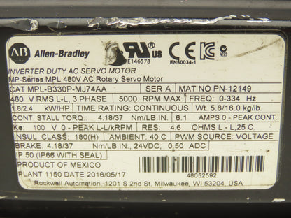 Allen Bradley MPL-B330P-MJ74AA AC Servo Motor 5000 RPM 460V 3PH READ