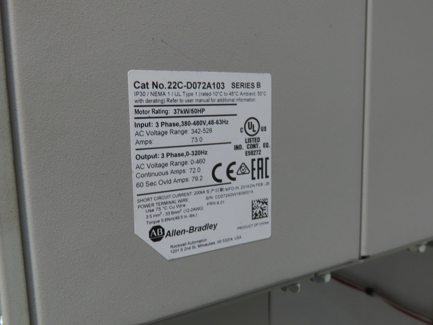 Allen Bradley 22C-D072A103 Powerflex 400 AC Drive VFD 50Hp 460V 3Ph Enclosure