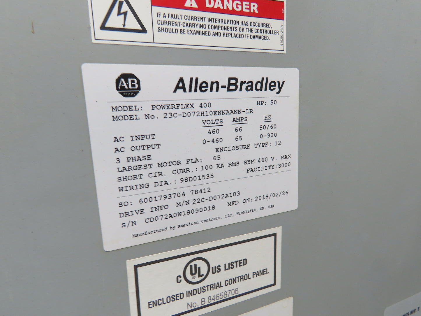Allen Bradley 22C-D072A103 Powerflex 400 AC Drive VFD 50Hp 460V 3Ph Enclosure