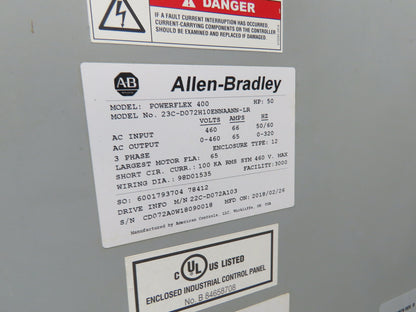 Allen Bradley 22C-D072A103 Powerflex 400 AC Drive VFD 50Hp 460V 3Ph Enclosure