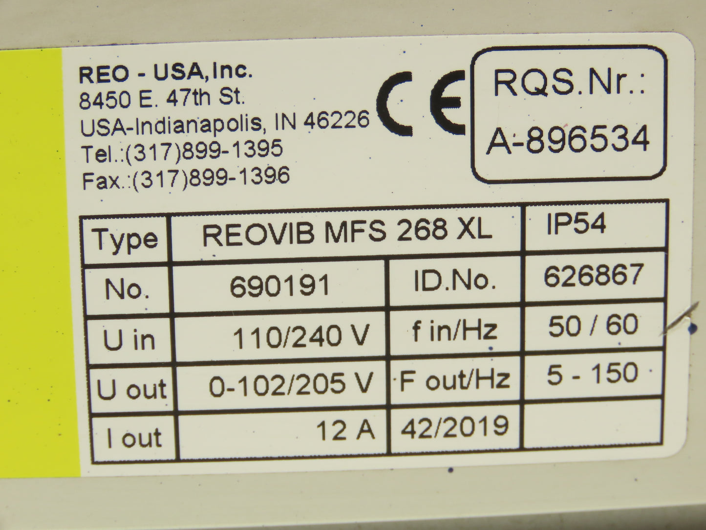 REO USA REOVIB MFS 268 Vibratory Conveyor Frequency Converter 115/230V 50/60Hz