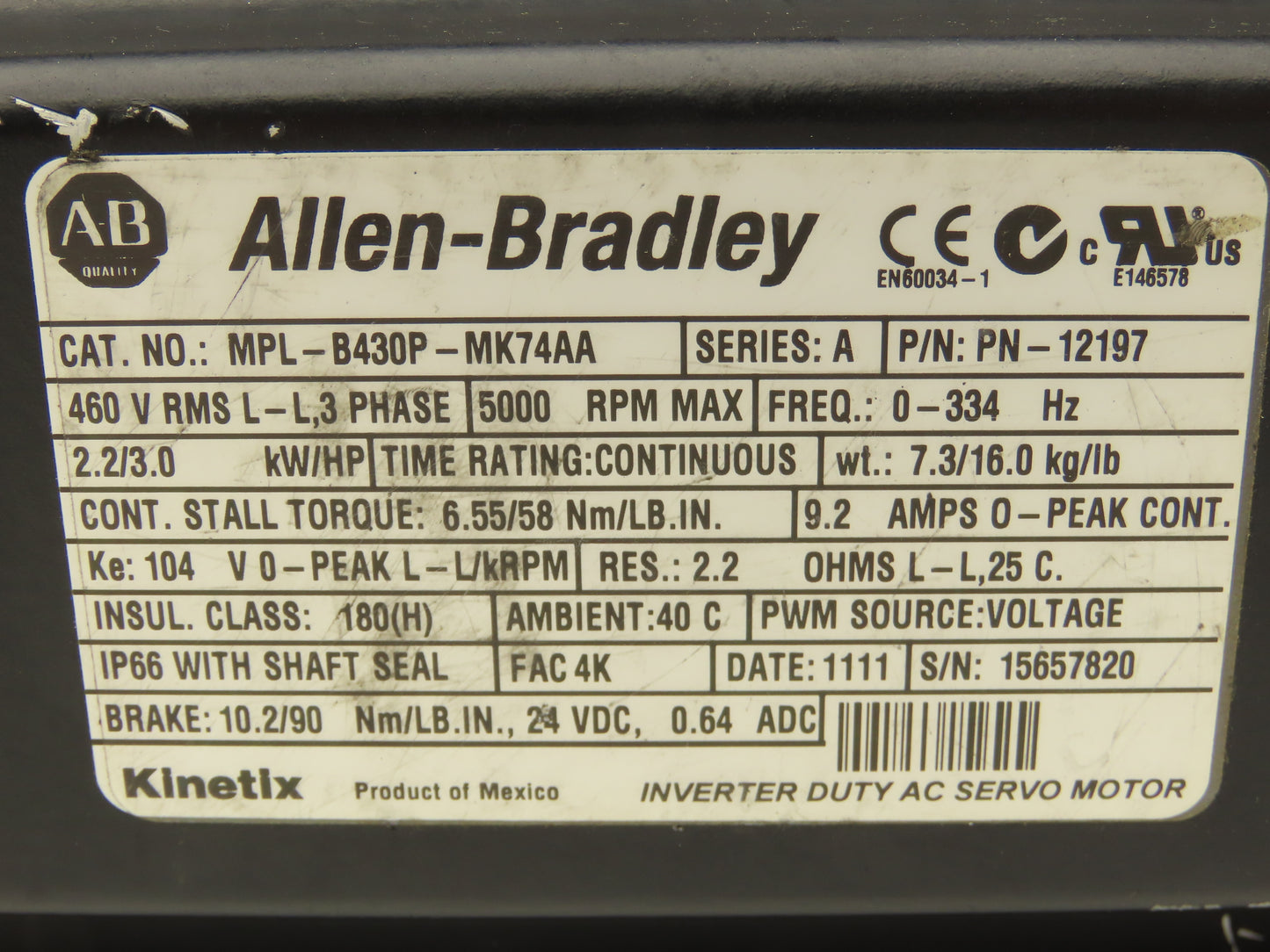Allen Bradley MPL-B430P-MK74AA AC Servo Motor 5000 RPM 460V 3PH 24VDC Brake