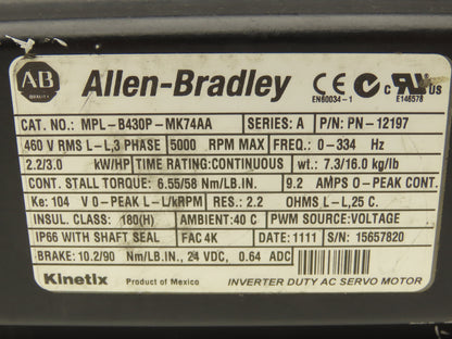 Allen Bradley MPL-B430P-MK74AA AC Servo Motor 5000 RPM 460V 3PH 24VDC Brake