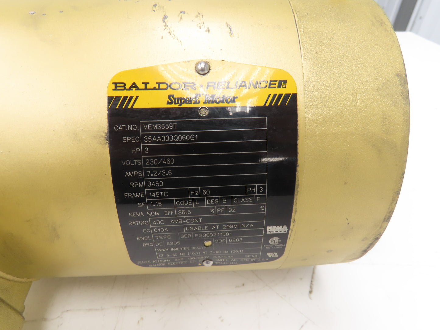 Baldor VEM3559T Super E AC Motor 3Hp 3450rpm 230/460V 3PH 145TC 35AA003Q060G1