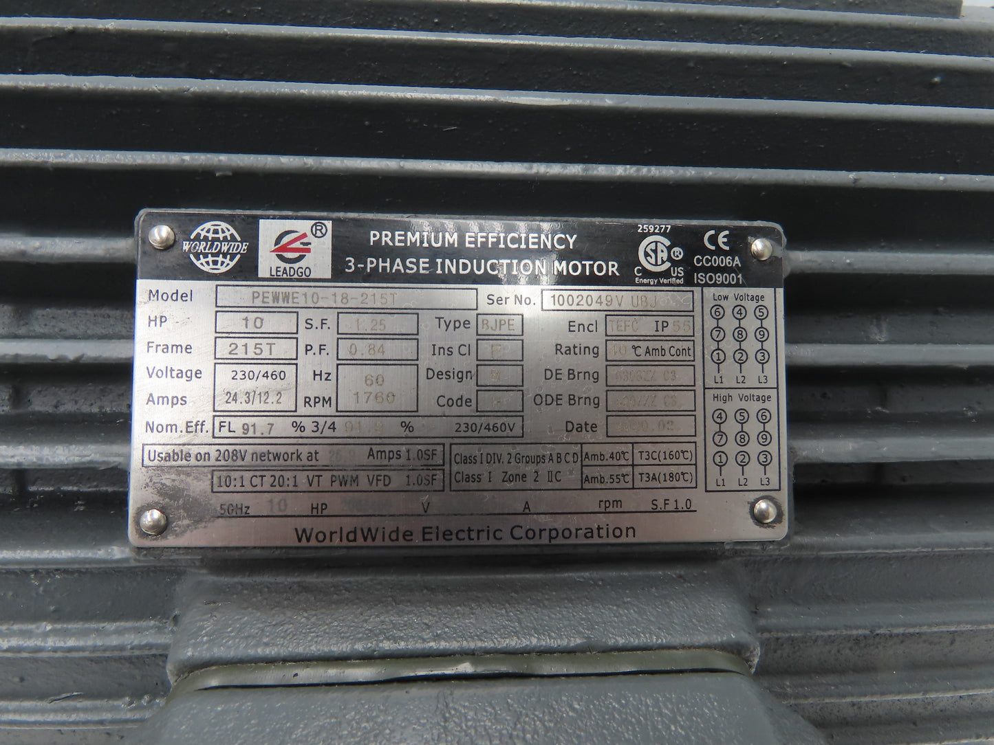 Worldwide Electric PEWWE10-18-215T Induction Motor 10Hp 1760rpm 460V 3PH 215T