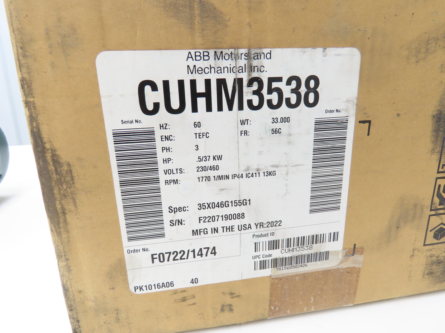 Baldor CUHM3538 Industrial AC Motor 1/2Hp 1770rpm 230/460V 3PH 56C 35X046G155G1