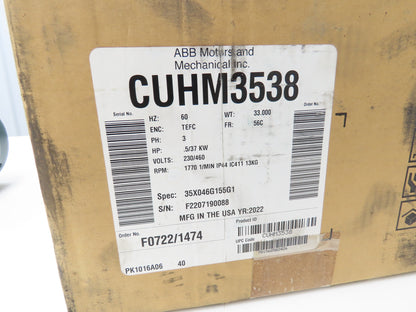 Baldor CUHM3538 Industrial AC Motor 1/2Hp 1770rpm 230/460V 3PH 56C 35X046G155G1