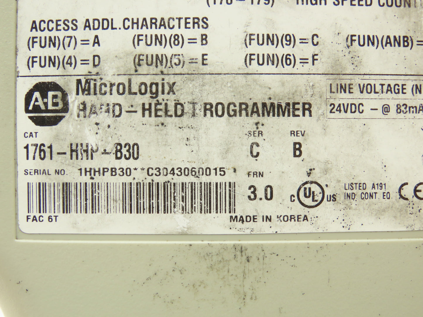 Allen Bradley 1761-HHP-B30 MicroLogix Hand-Held Programmer Series C Rev B 24VDC