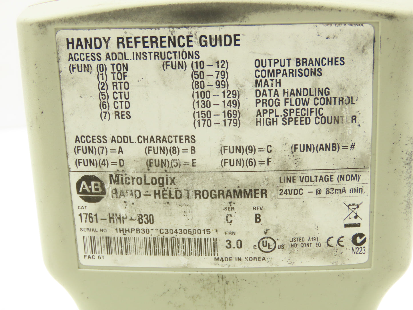 Allen Bradley 1761-HHP-B30 MicroLogix Hand-Held Programmer Series C Rev B 24VDC