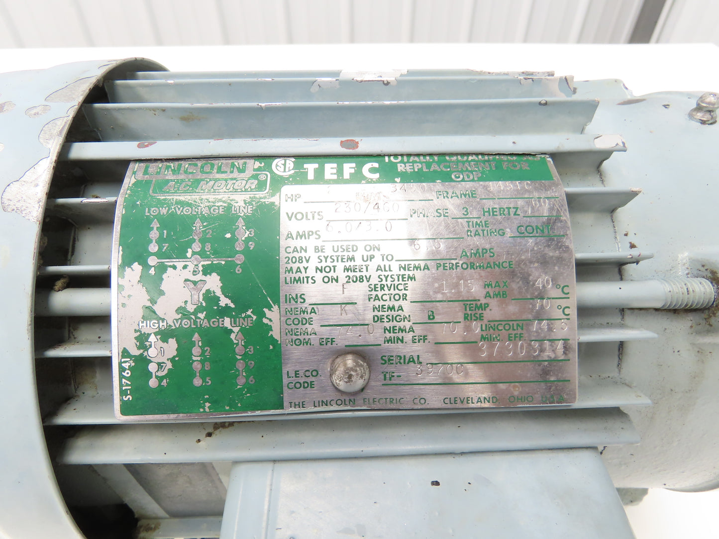 Lincoln Electric TF-3970C AC Motor 2Hp 3450rpm 230/460V 3PH 145T TEFC