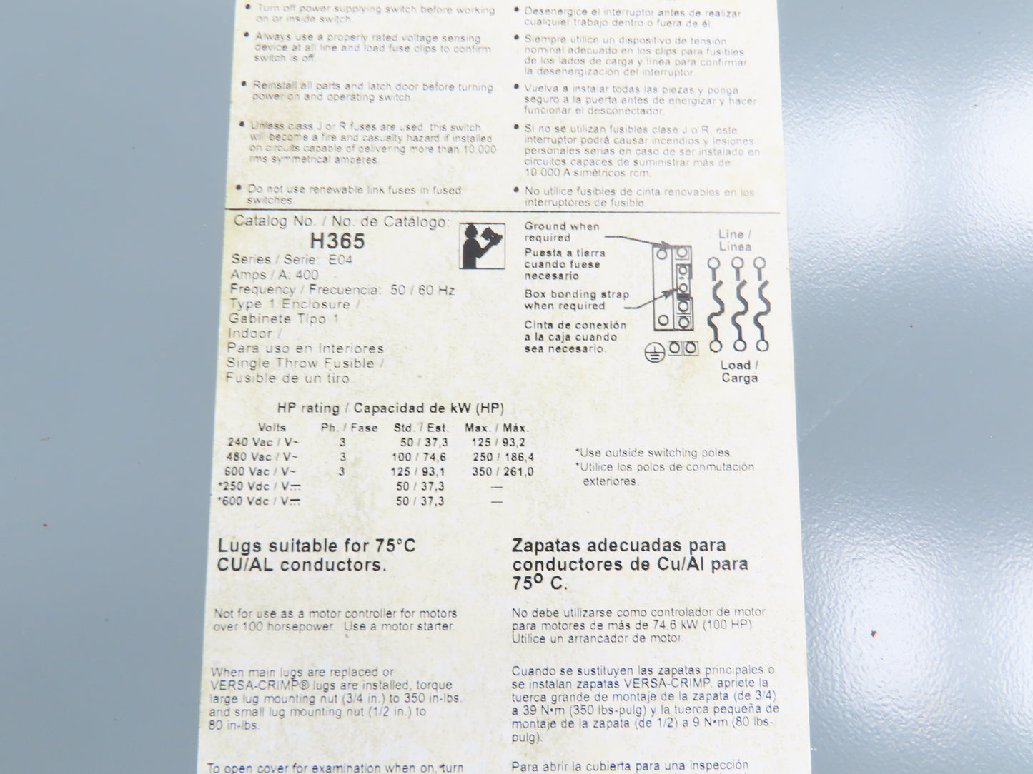 Square D H365 Safety Disconnect Switch 400A 600V 3 Pole Fused Type E04