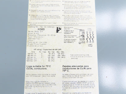 Square D H365 Safety Disconnect Switch 400A 600V 3 Pole Fused Type E04