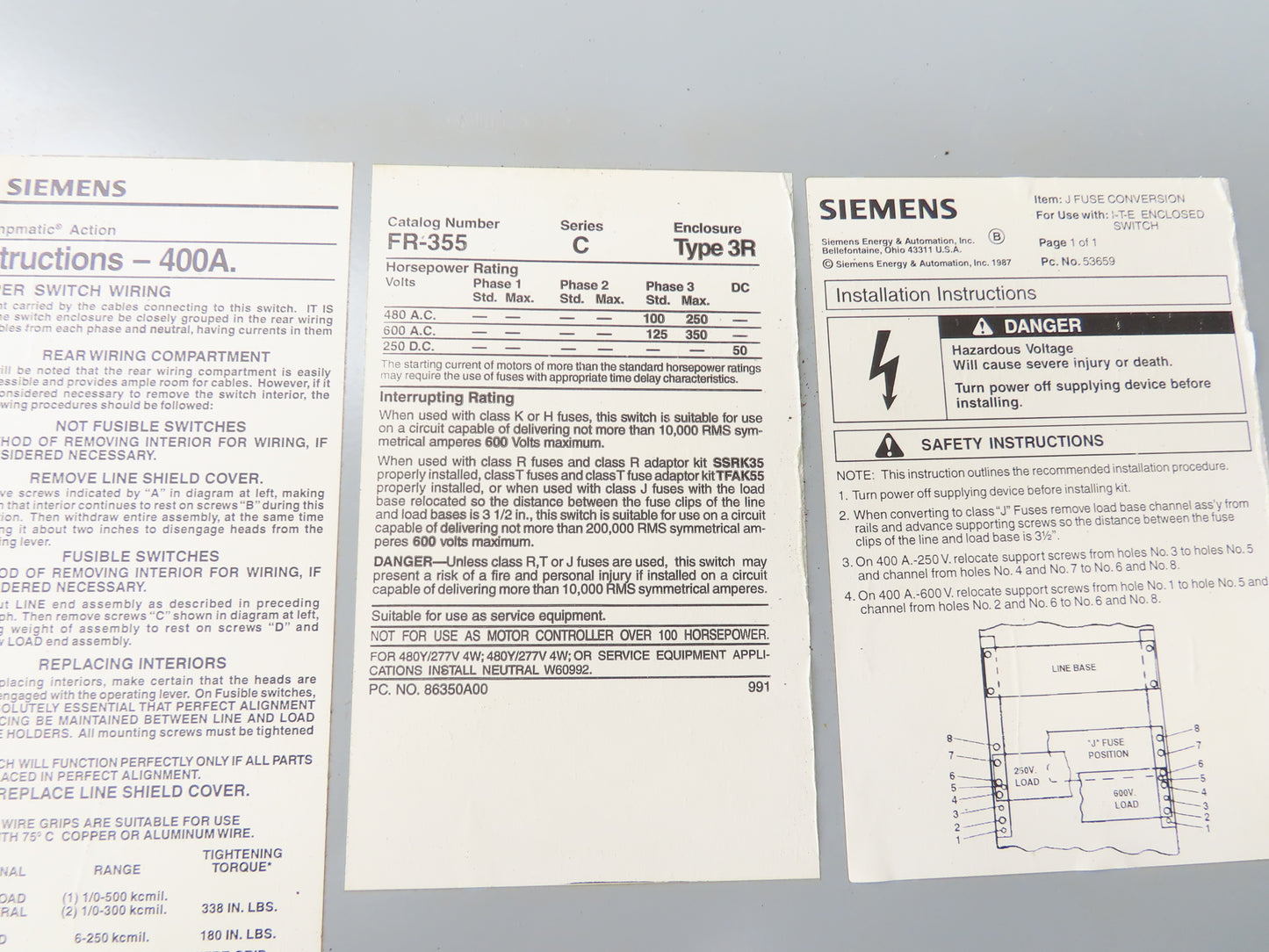 Siemens FR355 I-T-E Safety Disconnect Switch 400A 600V 3 Pole Fused Rainproof 3R