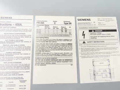 Siemens FR355 I-T-E Safety Disconnect Switch 400A 600V 3 Pole Fused Rainproof 3R