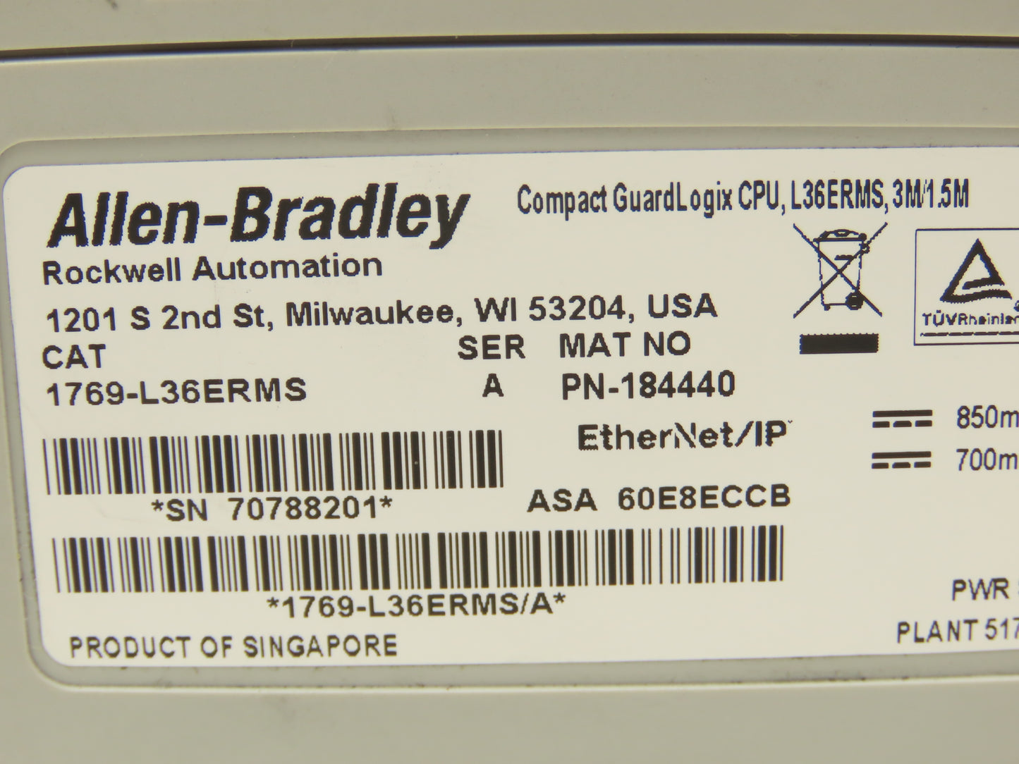 A-B 1769-L36ERMS/A Compact GuardLogix Ethernet/IP CPU Controller 24V Ser A