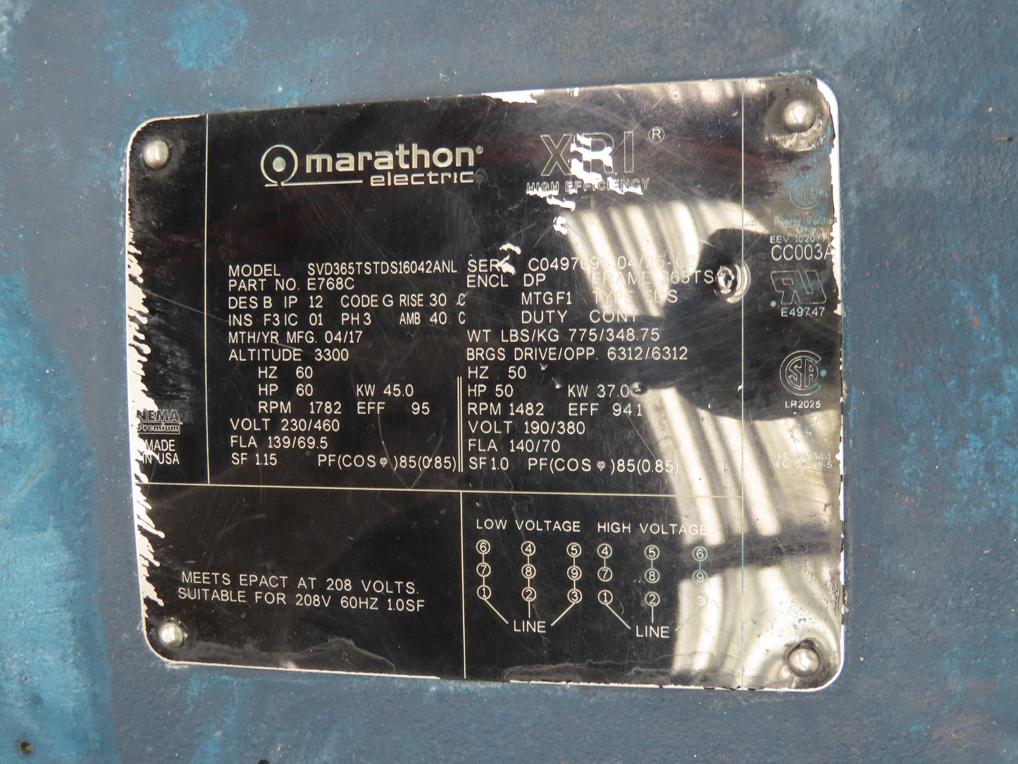 Marathon Electric SVD365TSTDS16042ANL AC Motor 60Hp 1782 RPM 230/460V 3PH 365TS