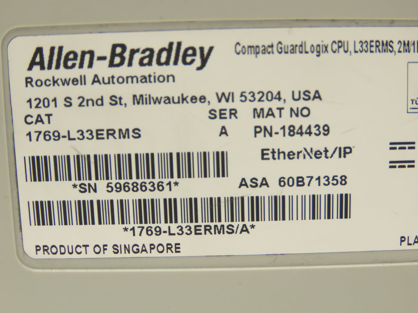 A-B 1769-L33ERMS Compact GuardLogix Ethernet/IP CPU Controller 24V Ser A