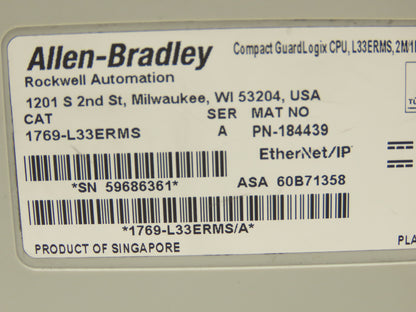 A-B 1769-L33ERMS Compact GuardLogix Ethernet/IP CPU Controller 24V Ser A