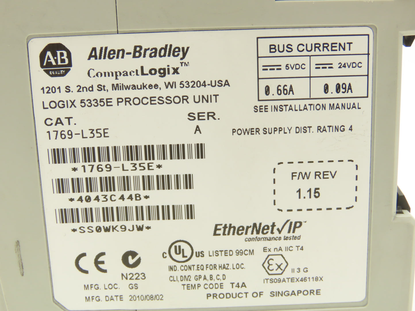 Allen Bradley 1769-L35E CompactLogix 5335E Ethernet CPU Controller Module Ser A