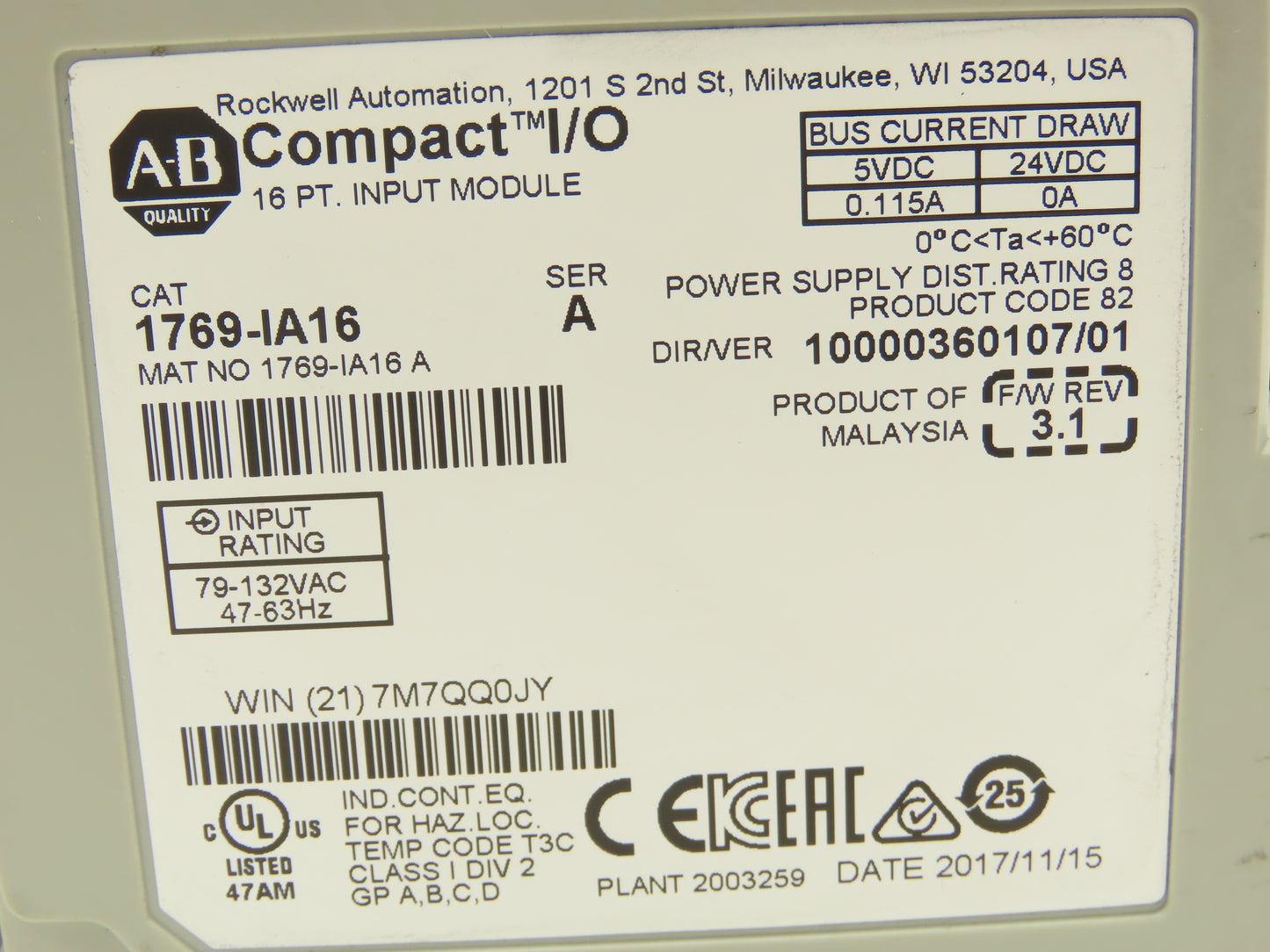 Allen Bradley 1769-IA16 Compact Logix I/O Input Module 16Pt 115VAC Ser A