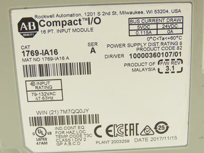 Allen Bradley 1769-IA16 Compact Logix I/O Input Module 16Pt 115VAC Ser A