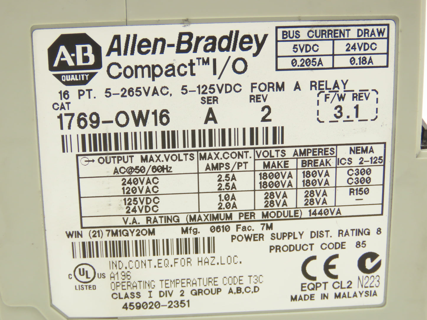 Allen Bradley 1769-OW16 Compact 16-Point Relay Output Module Series A Rev 2