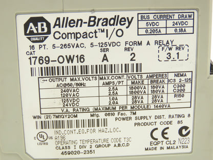 Allen Bradley 1769-OW16 Compact 16-Point Relay Output Module Series A Rev 2