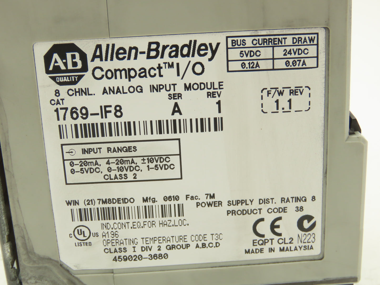 Allen Bradley 1769-IF8 Compact I/O Analog Input Module 8Pt Ser A REV 1 F/W 1.1