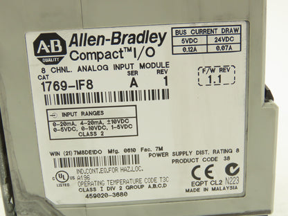 Allen Bradley 1769-IF8 Compact I/O Analog Input Module 8Pt Ser A REV 1 F/W 1.1