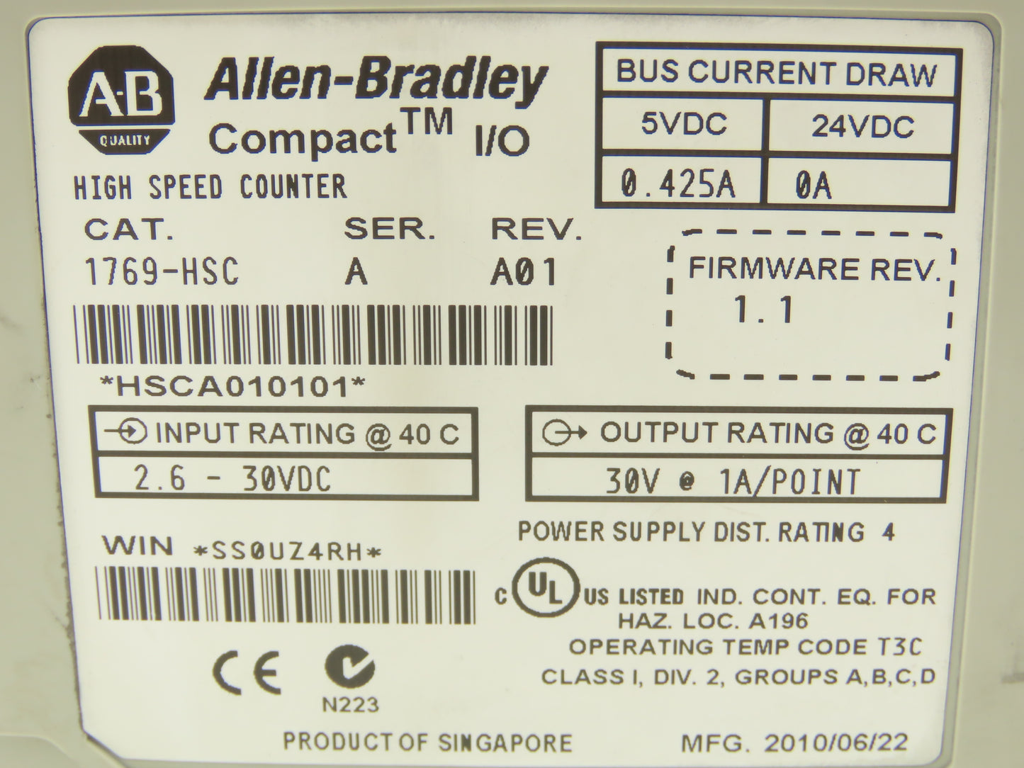 Allen Bradley 1769-HSC Compact I/O High Speed Counter Module Series A Rev A01