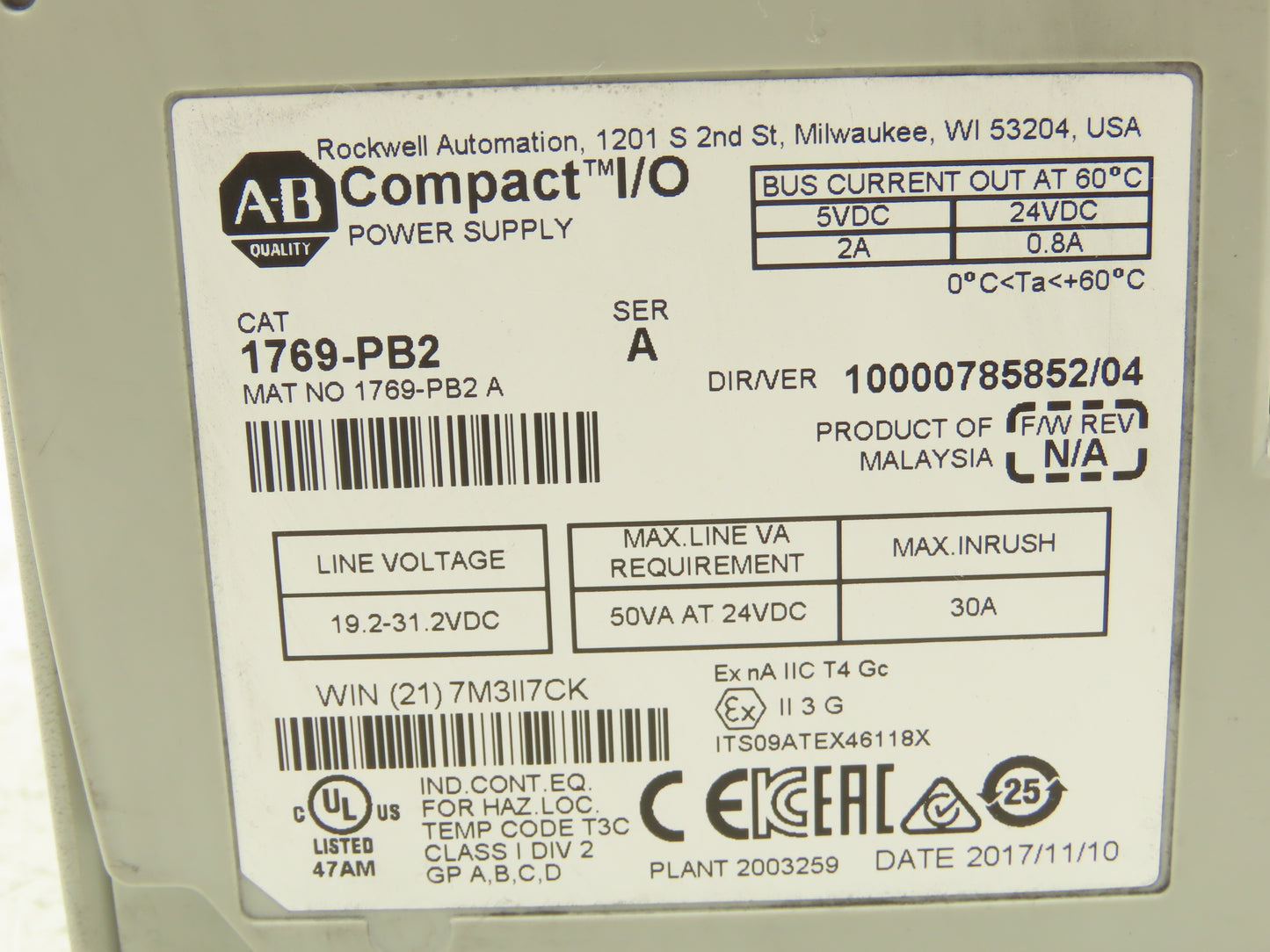 Allen Bradley 1769-PB2 Compact I/O Power Supply Module Series A