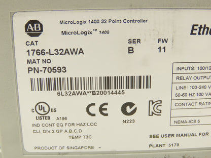 Allen Bradley 1766-L32AWA MicroLogix 1400 Controller Module 32 Point Ser B FW 11