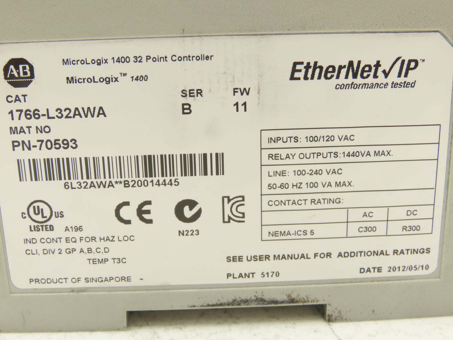 Allen Bradley 1766-L32AWA MicroLogix 1400 Controller Module 32 Point Ser B FW 11