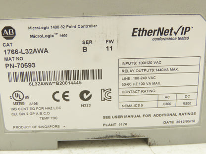 Allen Bradley 1766-L32AWA MicroLogix 1400 Controller Module 32 Point Ser B FW 11