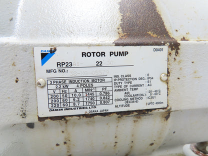 Daikin RP23A1-22-30 Rotor Pump Hydraulic Power Unit 9gal 11gpm 2.2kw 220V 3PH