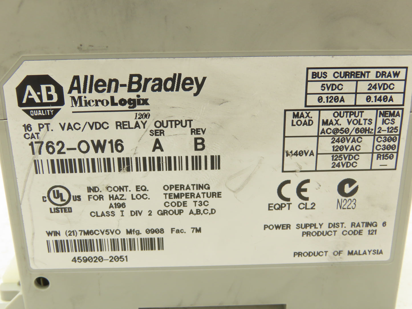 Allen Bradley 1762-OW16 MicroLogix 1200 16 Pt. VAC/VDC Relay Output 24VDC  Ser A