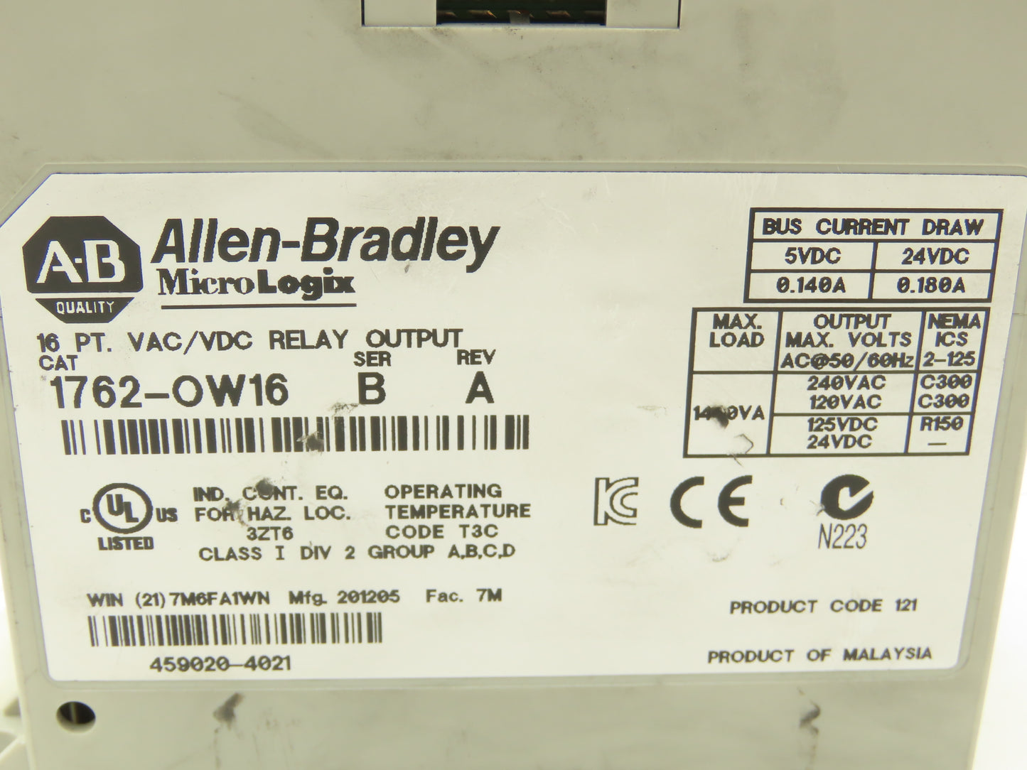 Allen Bradley 1762-OW16 MicroLogix 1200 16 Pt. VAC/VDC Relay Output 24VDC  Ser B